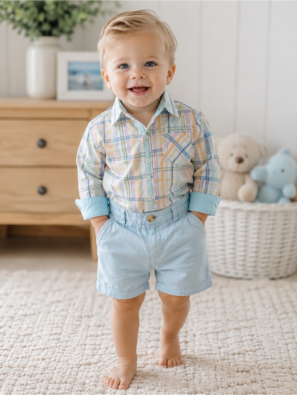 Rugged Butts 18-24 months Baby Plaid Button-Up Shirt with Light Blue Shorts